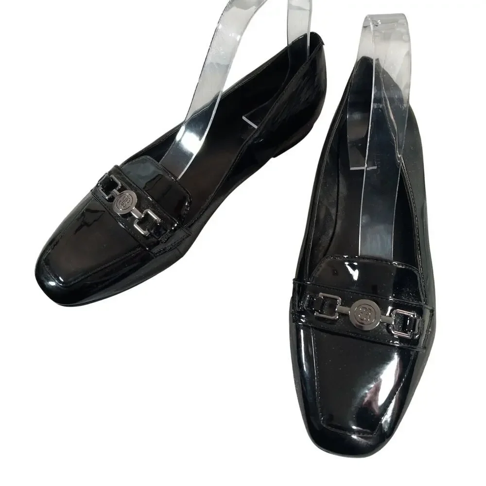 BANDOLINO! FLORA BLACK PATENT LEATHER FRONT METAL HARNESS NIPPED TOE FLATS!SZ 8M
